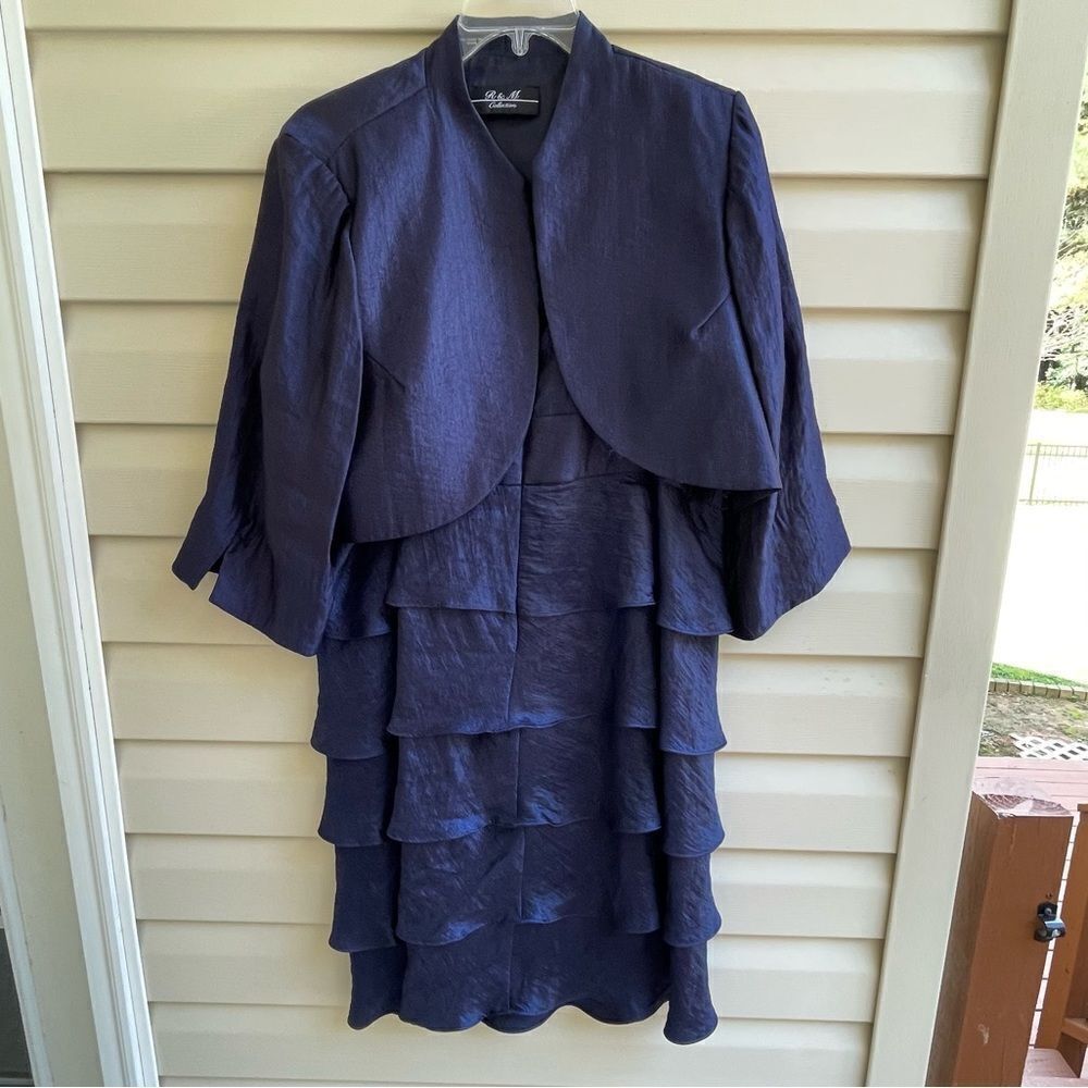 R&M COLLECTION FORMAL BEADED NAVY BLUE DRESS WITH BOLERO JACKET SIZE 20W